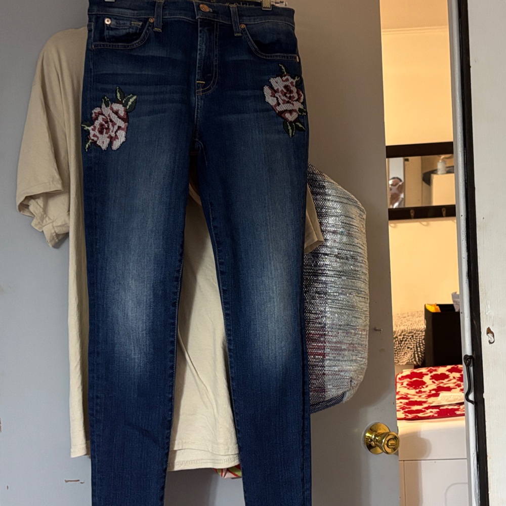 7 For All Mankind Dark Blue Floral Skinny Jeans